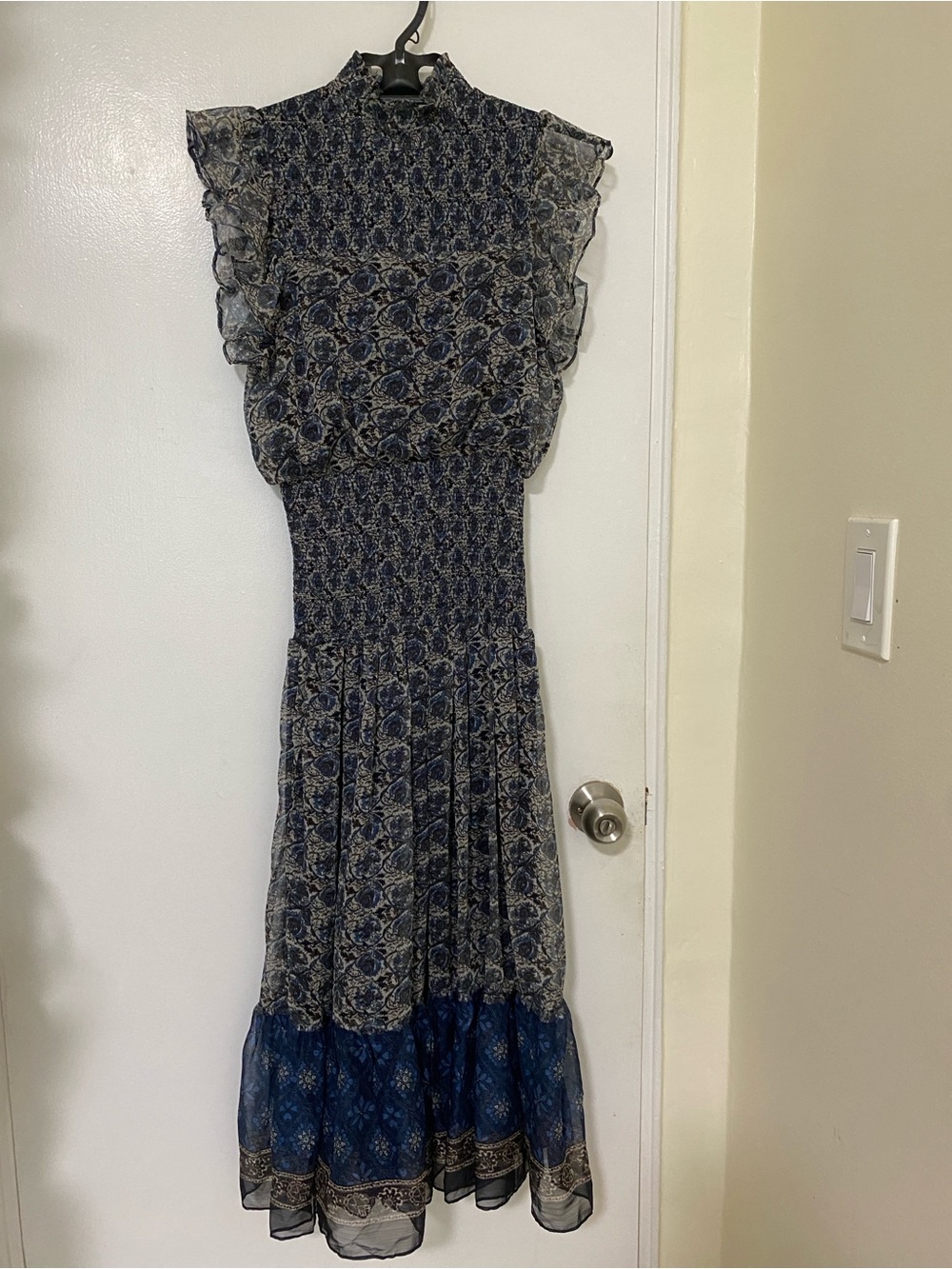 Smocked Waist Navy Floral Maxi Dress with Ruffle Sleeves